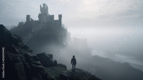 castle in misty mountains. Generative AI