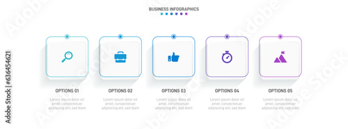 Timeline infographic with infochart. Modern presentation template with 5 spets for business process. Website template on white background for concept modern design. Horizontal layout.
