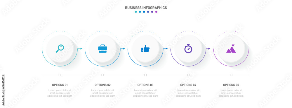 Timeline infographic with infochart. Modern presentation template with 5 spets for business process. Website template on white background for concept modern design. Horizontal layout.
