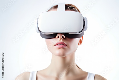 Beautiful cyber woman face in virtual reality glasses isolated on white background AI