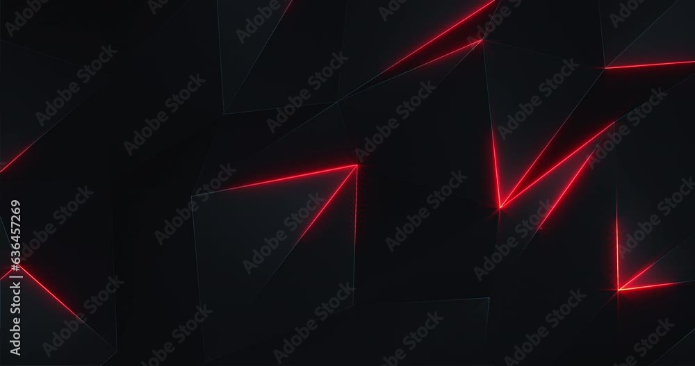  Dark futuristic low poly surface background with the gentle motion of black polygonal triangle shapes and glowing red neon light. 4K and looping technology motion background animation.
