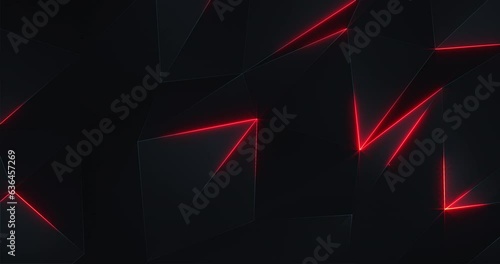  Dark futuristic low poly surface background with the gentle motion of black polygonal triangle shapes and glowing red neon light. 4K and looping technology motion background animation.