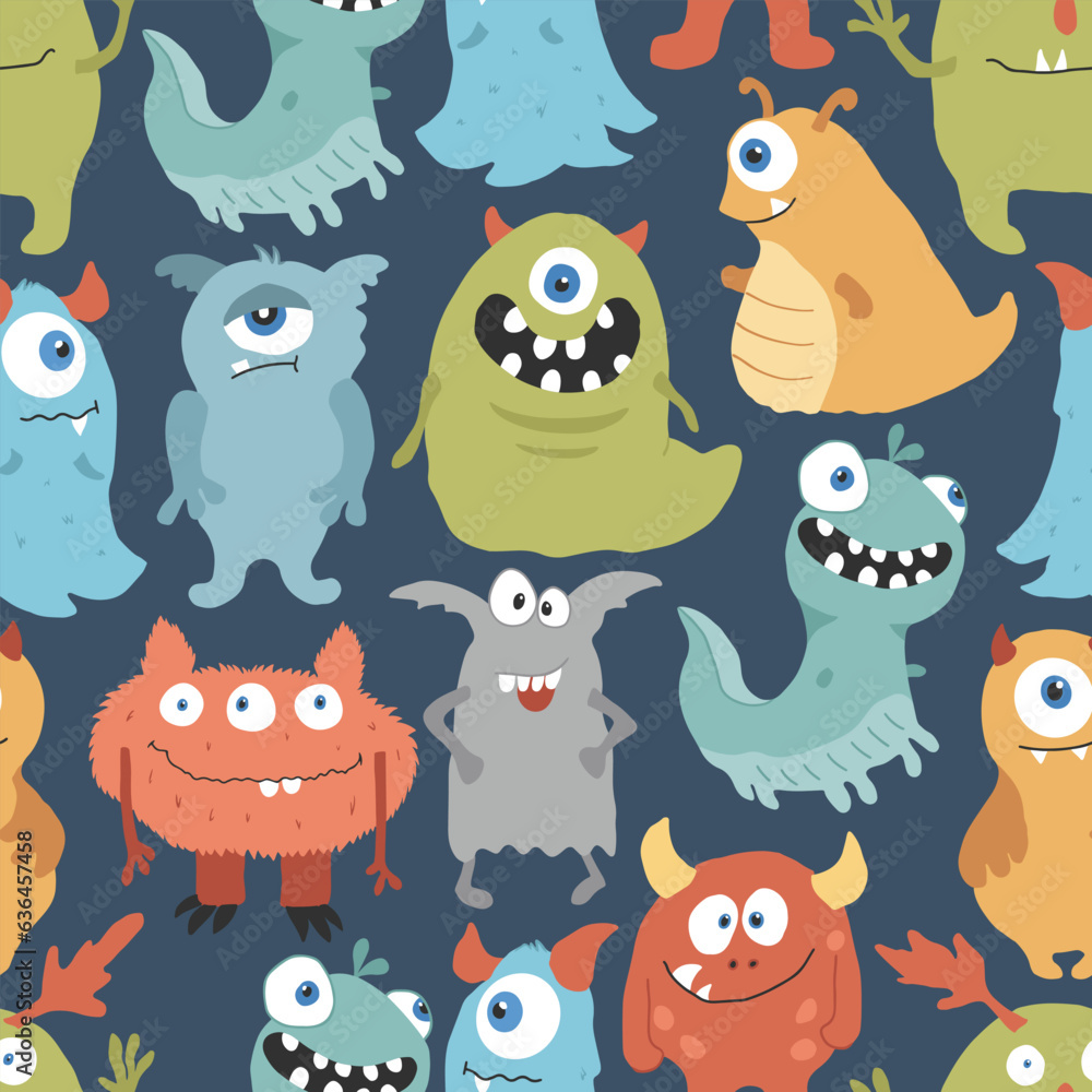 Cute monsters seamless pattern. Cartoon monsters background. Vector illustration Cute monsters seamless pattern. Cartoon monsters background. Vector illustration