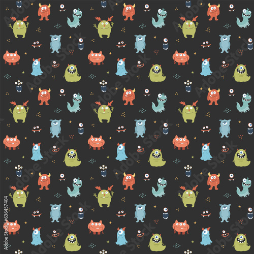 Cute monsters seamless pattern. Cartoon monsters background. Vector illustration