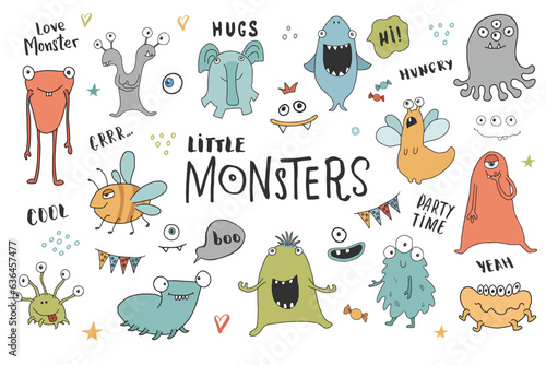 Cute monsters set. Cartoon monsters collection. Vector illustration