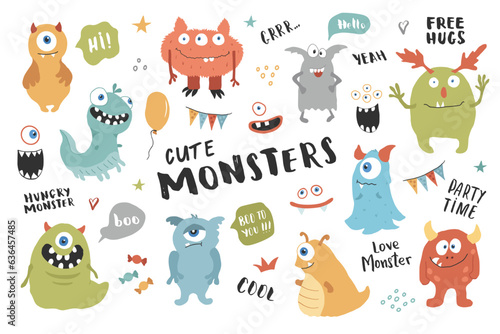 Cute monsters set. Cartoon monsters collection. Vector illustration