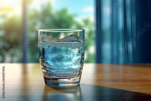 Cold glass of drinking water with ice on wooden table against background of nature. Genetative AI
