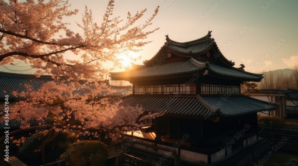 japanese temple at sunset. Generative AI japanese temple at sunset. Generative AI