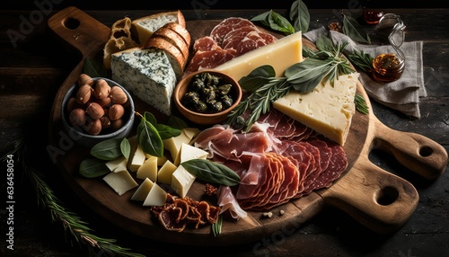 Charcuterie Board with a variety of cured meat. Generative AI