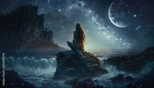 Mermaid watching a beautiful night sky. Generative AI photo