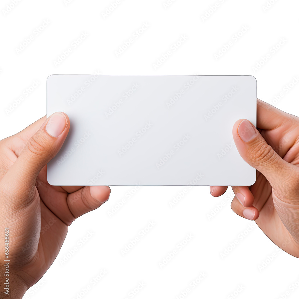 Two hands holding a blank business card on a white background Two hands holding a blank business card on a white background