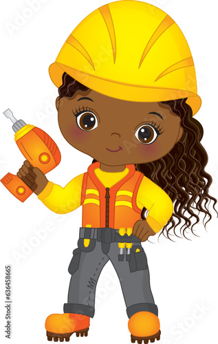 Vector Cute African African Girl Holding Drill. Vector Construction Girl 