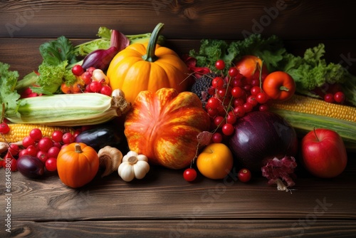 Autumn nature concept. Fall fruit and vegetables on wooden background © Оксана Олейник