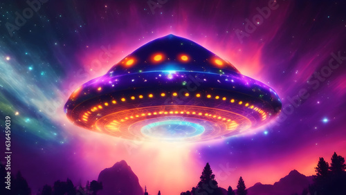 A psychedelic UFO soaring through a star-filled night sky