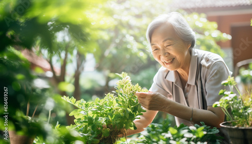 elderly asia woman planting flowers in front garden made with generative AI