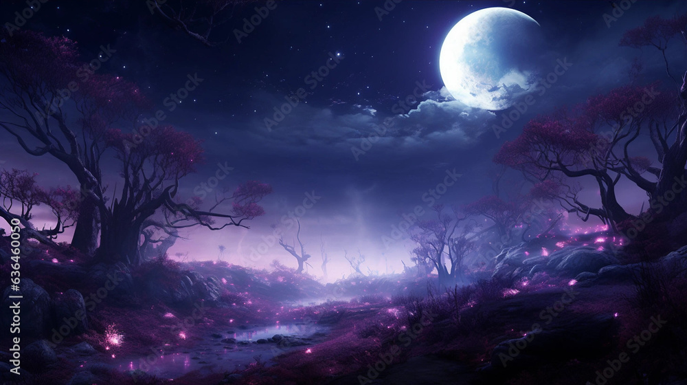 A Dreamy Purple Fantasy Landscape Seen by the Light of a Full Moon