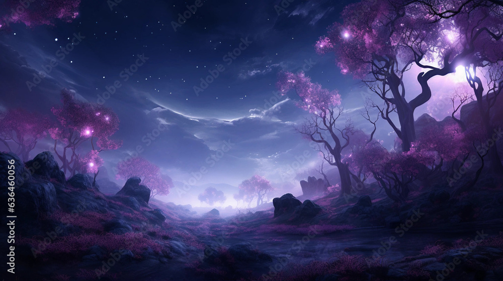 A Dreamy Purple Fantasy Landscape Seen at Night - obrazy, fototapety, plakaty 