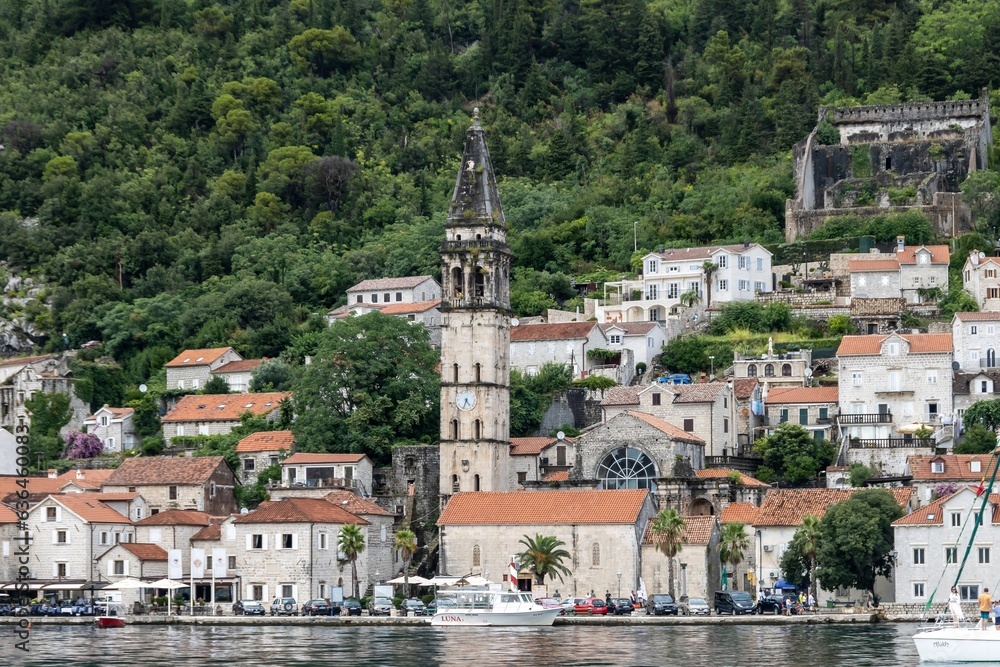 A view of Perast and Church of St. Nicholas, Montenegro