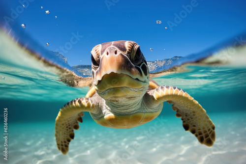 A baby sea turtle is swimming in the clear ocean waters, looking at the camera.
