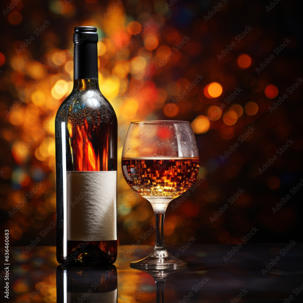 Creative composition of a bottle of white wine with a glass. Dark bokeh background. Concept of alcoholic drink, party and nightlife. 