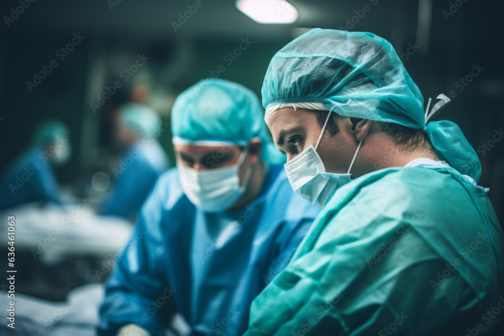 Two exhausted surgeons in blue coats on the operating room floor. Generative AI.