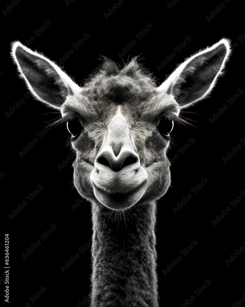 Fototapeta premium Portrait of a cute llama on a black background. Close-up