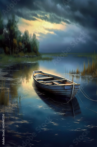 Idyllic Lake Retreat: Calm Waters and Beautiful Landscape Surrounding Docked Boat, ai generative