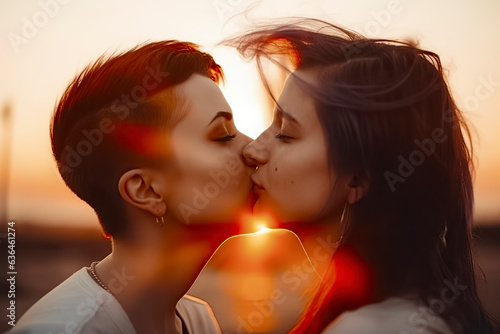 Twilight Romance: Lesbian Couple Shares a Passionate Kiss Against a Stunning Sunset backdrop, ai generative