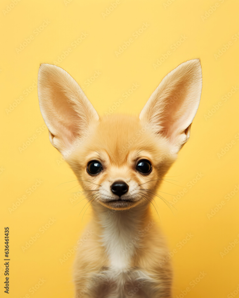 Cute little chihuahua puppy on yellow background. Studio shot