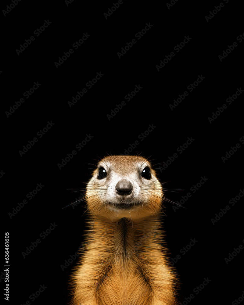 Fototapeta premium Portrait of a meerkat on black background, front view, isolated