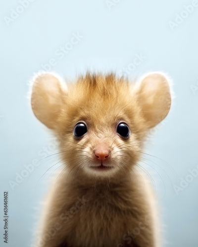 Cute little baby rat on a blue background. Close-up
