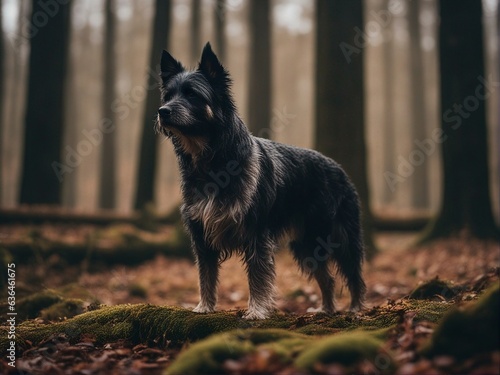 Wet scruffy dog, outside standing in a forest