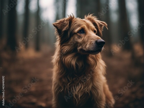 Wet scruffy dog  outside standing in a forest