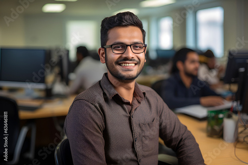 Smiling Indian Web Developer in Glasses in the Office of an IT Company