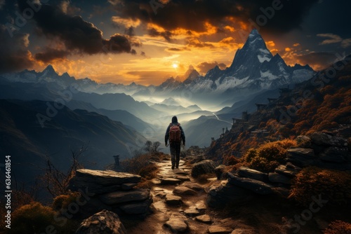 A hiker reaching the peak of a challenging trail, symbolizing the determination and perseverance needed to conquer fitness goals. Generative AI