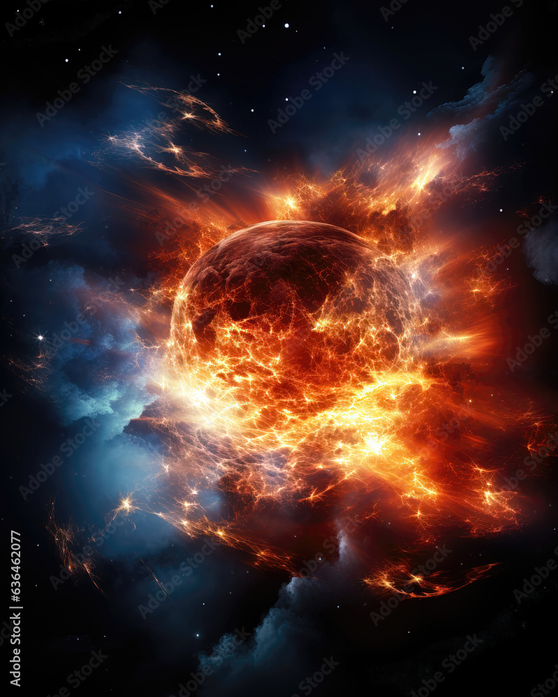 Fiery planet in space, abstract background