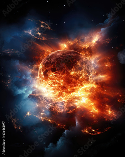 Fiery planet in space  abstract background