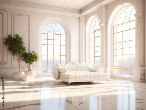 White Spacious Marble Luxury Interior Room with Sunny Window, Generate Ai © Mahmud