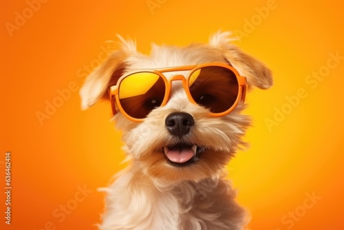 Closeup portrait of terrier dog in fashion sunglasses. Funny pet on bright yellow background. Puppy in eyeglass. Fashion, style, cool animal concept with copy space © ratatosk