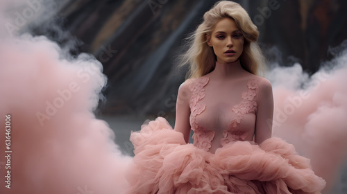 Woman posing with pink smoke, Fashion Lady