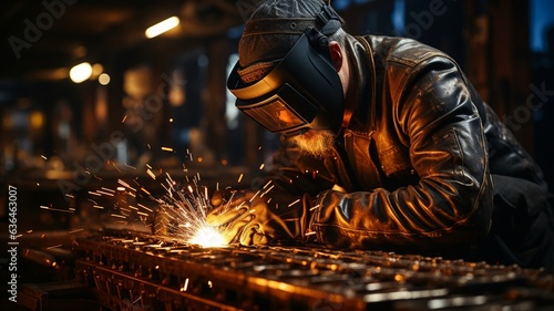 Industrial Worker at the factory welding closeup, Highly skilled welder workers are welding at the construction site in the factory,man welds at the factory © MH