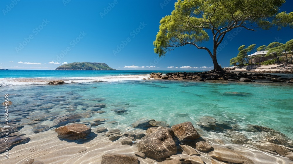 Beautiful tropical beach with white sand, palm trees, turquoise ocean against blue sky with clouds on sunny summer day, Landscape of paradise tropical island beach, 