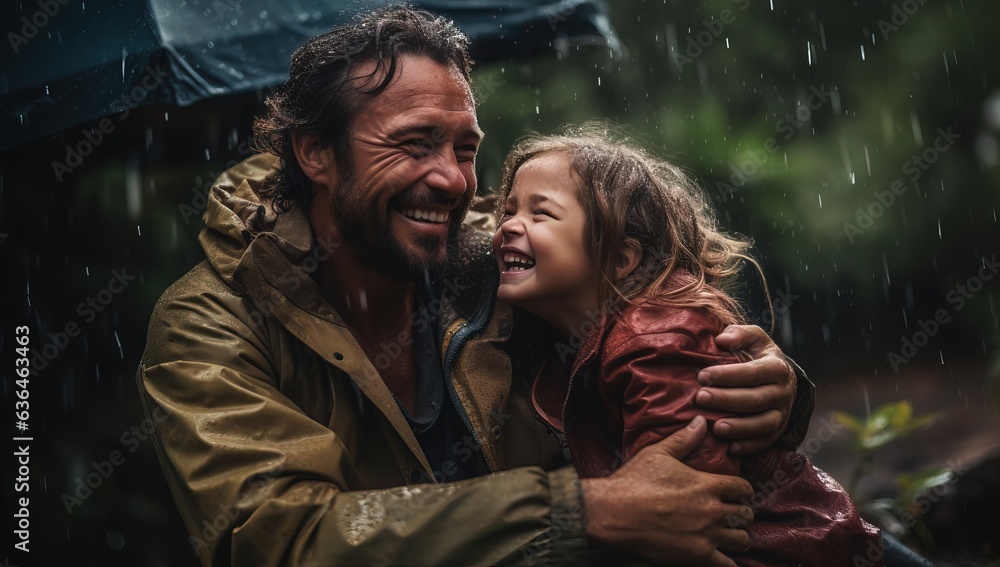 father hugging child in rain, father and daughter