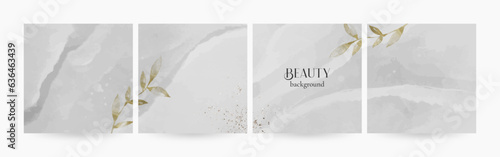 Elegant gray watercolor backgrounds with gold leafy branches. Social media post templates for jewelry, makeup, beauty