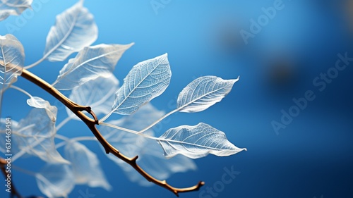 Beautiful white skeletonized leaf on light blue background with round bokeh, Transparent skeleton leaf, skeleton leaves on blurred background closeup © MH