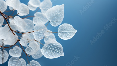 Beautiful white skeletonized leaf on light blue background with round bokeh, Transparent skeleton leaf, skeleton leaves on blurred background closeup 