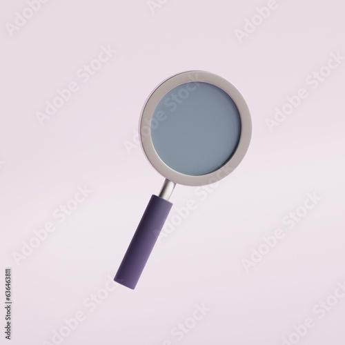 Magnifying glass 3d icon in cartoon style. Discovery, research, search, analysis concept. Rendering illustration