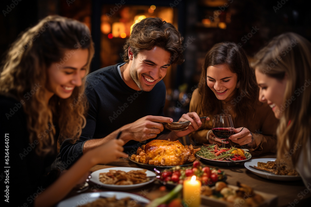 close-up shot of people savoring a mouthwatering Thanksgiving dish, capturing their expressions of enjoyment and appreciation 