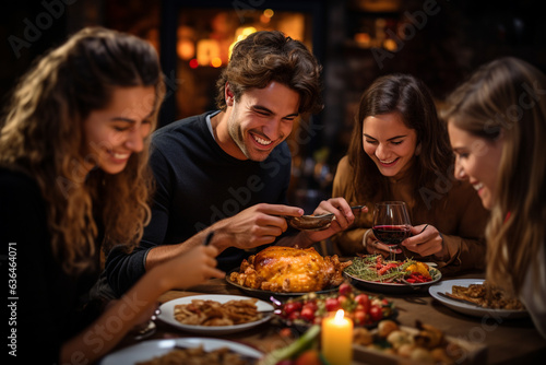 close-up shot of people savoring a mouthwatering Thanksgiving dish, capturing their expressions of enjoyment and appreciation  © forenna
