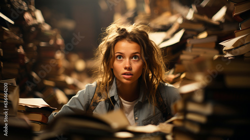 Young girl student sitting stunned and overwhelmed amidst a never ending pile of books and papers surrounding him - Generative AI.